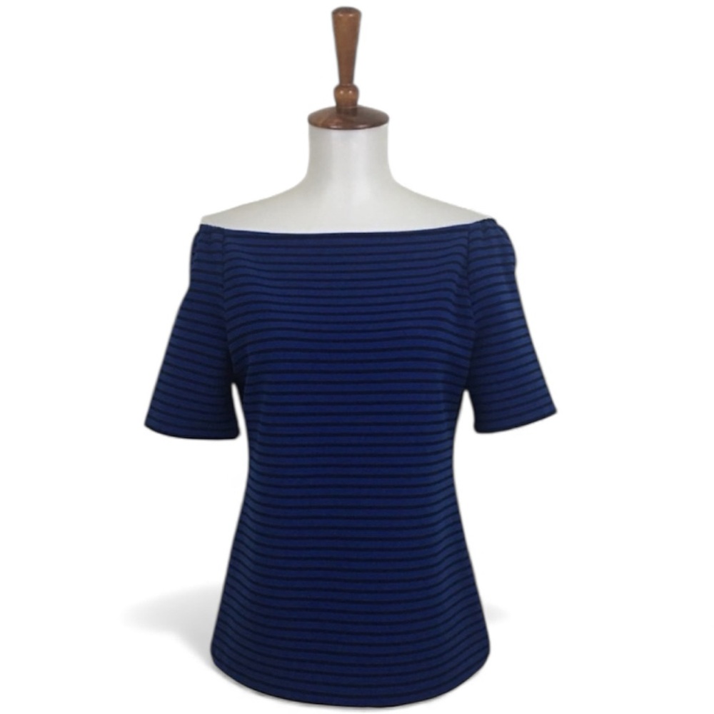 Halogen Top Women's M Blue Black Stripe Boat Neck Off Shoulder Short Sleeve